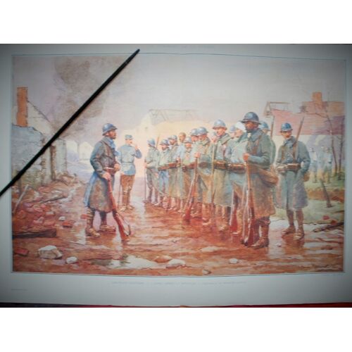 Reproduction De 1918-1920 D'une Aquarelle De Berne-Bellecour Représentant L'appel D'un Groupe De Soldats Après La Bataille Par Un Officier À Lihons En Santerre Durant La Grande Guerre 1914-1918 