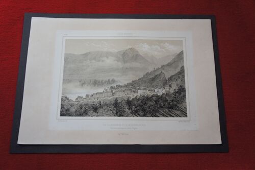 Gravure Ancienne Originale Pyrénées  Eaux Bonnes Et La Montagne Verte