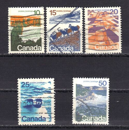 Canada 1972 : Vues Diverses : Forêt Du Centre Canadien / Mouton De Région Montagneuse / Les Immenses Prairies / Nord Canadien / Rivage Canadien - Série Entière De 5 Timbres Oblitérés