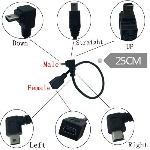 Adaptateur de câble mini USB femelle à Mini B 5 broches mâle 0.25m, 4 angles à 90 degrés