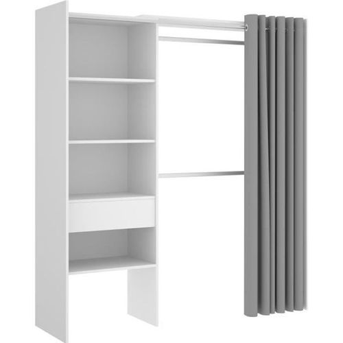 Dressing Extensible Avec Rideau + 1 Tiroir - Décor Blanc - L 160-113 X P 50 X H 205 Cm - Suit