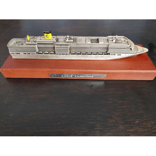 Maquette Bateau Costa Luminosa 2 / En Metal Argente Sur Support Bois