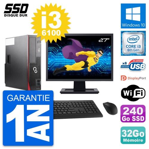 PC Fujitsu D556 DT Ecran 27" Intel i3-6100 RAM 32Go SSD 240Go Windows 10 Wifi
