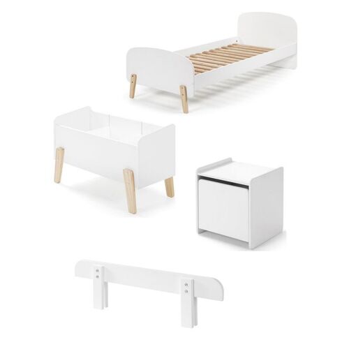 Pack - Lit Enfant, Chevet, Barrière & Coffre "Kiddy" 90x200cm Blanc