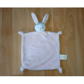doudou plat kimbaloo lapin blanc à corps rose pâle, visage brodé