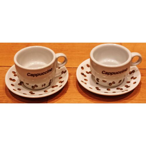 Lot 2 Tasses Capuccino + Soucoupes - Motif Grains De Café