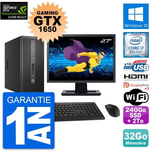 PC Tour HP 800 G2 Ecran 27" Gaming GTX 1650 i7-6700 RAM 32Go 240Go SSD + 2To W10
