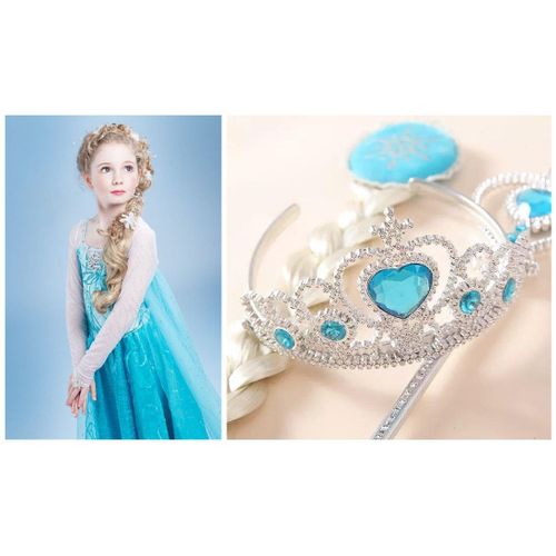 Déguisement Robe Elsa + Couronne Baguette Cheveux Pour Enfant Costume La Reine Des Neiges Look Princesse