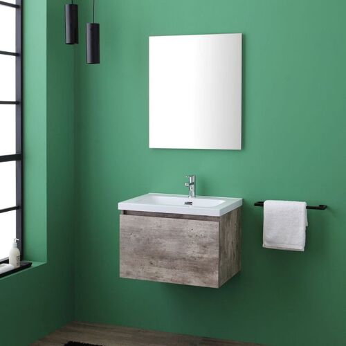 Meuble De Salle De Bain Suspendu 60cm Avec Effet Ciment Et Miroir Avec Bords Polis Madrid