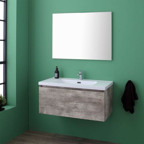 Meuble Avec Tiroir 91cm Pour Salle De Bain De Couleur Ciment Avec Lavabo Et Miroir Madrid