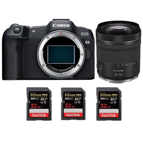 Appareil photo Canon EOS R8 + RF 24-105mm f4-7.1 IS STM++ 3 SanDisk 32 Go Extreme Pro SDHC USH-II 4K U3 300 Mo/s