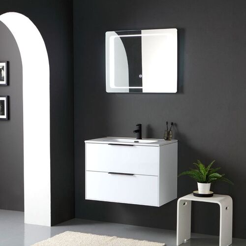 MEUBLE DE SALLE DE BAIN SUSPENDU EN BLANC BRILLANT AVEC POIGNÉE NOIRE ET MIROIR AVEC LED TACTILE PARIGI