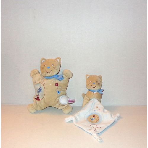 Chat Avec Mouchoir Brodés Oiseau Doudou Pommette 32cm + Doudou Coussin  Chat Brodé Oiseau 25cm