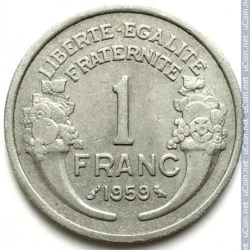 France = Pièce De Monnaie D'une Valeur Faciale De 1 Franc, Type Morlon, Année = 1959, Métal = Aluminium. Diamètre = 23 Mm. Poids = 1.3 Gr.