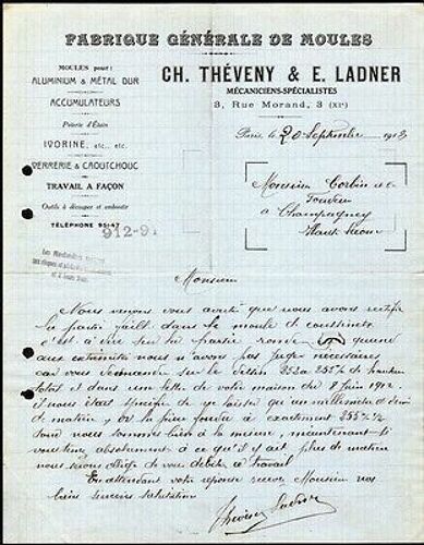 Facture Ch Théveny E Ladner Fabrique Générale De Moules À Paris