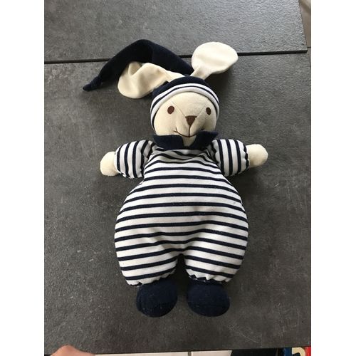 Doudou Lapin Nico Dingo Rayé Bleu Blanc