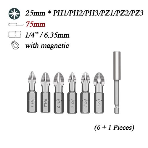 6 pièces avec 1 - Embouts de tournevis coordonnants à tige hexagonale, embouts Pozidrive CR V, tête unique magnétique