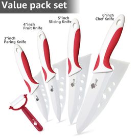 Set Rouge - Ensemble De Couteaux En Céramique, Couteau De Chef Utilitaire Pour Trancher, Lame En Zircone Blanche Avec Éplucheur Couteau De Cuisine Pour Fruits Et Légumes