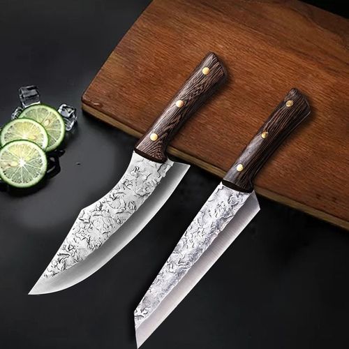 2pcs - Couteau Japonais À Manche En Acier, Forgé, Couteaux De Cuisine En Acier Fait À La Main, Couteau À Trancher De Chef Santoku Cleaver