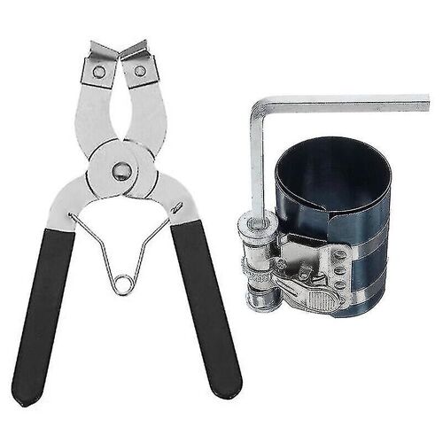 Engine Piston Ring Ratchet Compressor Clamp 53mm -175mm Diam 3" Depth + Plier (Black+Blue)(2pcs)