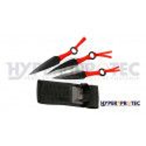3 Kunaï Noirs Et Rouges Identiques + Étui De Transport - 13 Cm