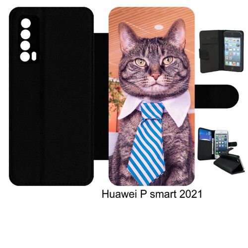 Etui À Rabat Huawei P Smart 2021 - Chat Cravate - Simili-Cuir - Noir