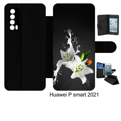 Etui À Rabat Huawei P Smart 2021 - Lys Blanc Coccinelle Sur Fond Gris - Simili-Cuir - Noir