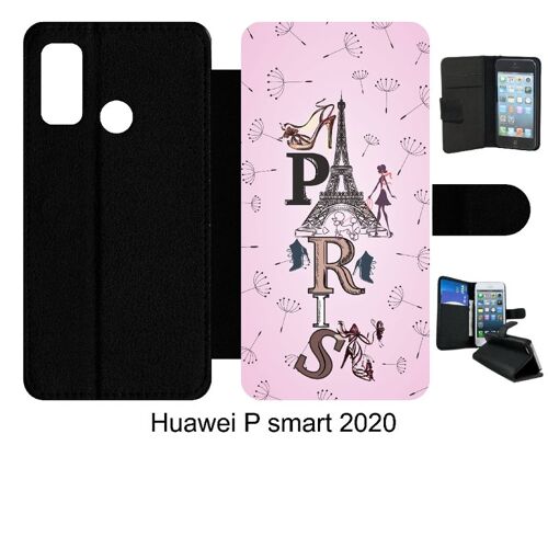 Etui À Rabat Huawei P Smart 2020 - Paris Fond Rose Pale - Simili-Cuir - Noir