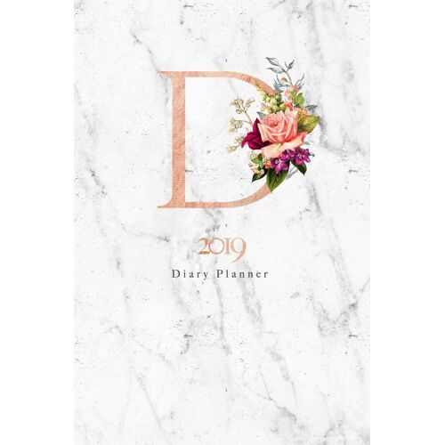 2019 Diary Planner: Abstract Rose Gold Vintage Flowers January To December 2019 Diary Planner With "D" Monogram On Luxury Gray Marble.