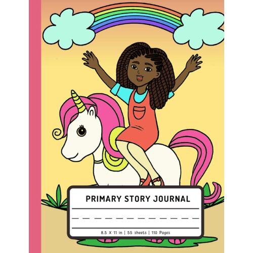 Primary Story Journal: Little Black Brown African American Girl With Natural Hair (Beautiful Unicorn & Colorful Rainbow): Dotted Midline And Picture Space: Grade K-2 Composition Notebook