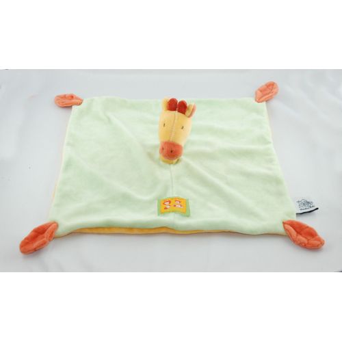 Moulin Roty Doudou Girafe Plat Carré Vert Jaune Orange Collection Les Loustics Feuille