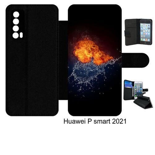 Etui À Rabat Huawei P Smart 2021 - Duo De Coeurs Eau Et Flamme - Simili-Cuir - Noir