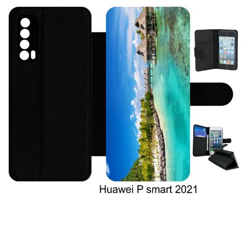 Etui À Rabat Huawei P Smart 2021 - Cadre Paradisiaque Cases Sur Piloties - Simili-Cuir - Noir
