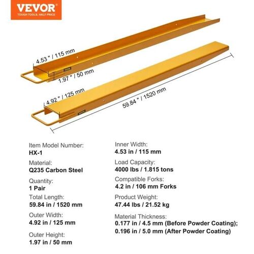 Rallonges De Fourches À Palette-Vevor-1520x115 Mm-Pour Déplacer Et Transporter Charges Volumineux Lourds-Jaune