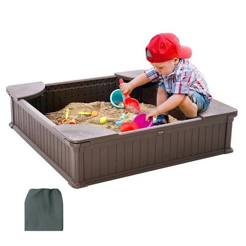 Bac À Sable Avec Couvercle-Vevor-1235 X 1235 X 315 Mm-Pour Jardin Extérieur, Plage, Parc, Cadeau Pour Enfants De 3 À 12 Ans-Marron