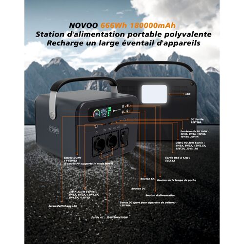 Novoo Générateur Électrique Portable 666wh 18000mah Groupe Électrogène Solaire Avec 2×Ac Outlets 700w, 3× Regulated Dc, 4×Usb Port, Mini Centrale Électrique Pour Camping Extérieur, Domestique