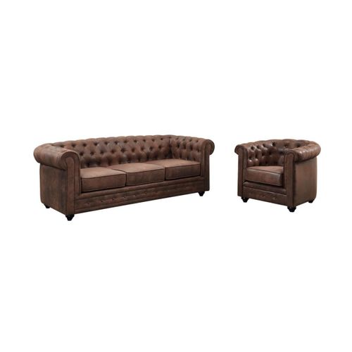 Canapé 3 Places Et Fauteuil Chesterfield En Microfibre Aspect Cuir Vieilli