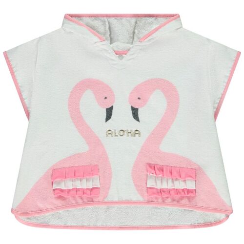 Cape De Bain En Éponge Avec Print Flamants Roses Pour Bébé Fille - Blanc