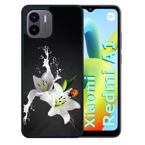Coque pour redmi a1 - lys blanc coccinelle sur fond gris - silicone - noir