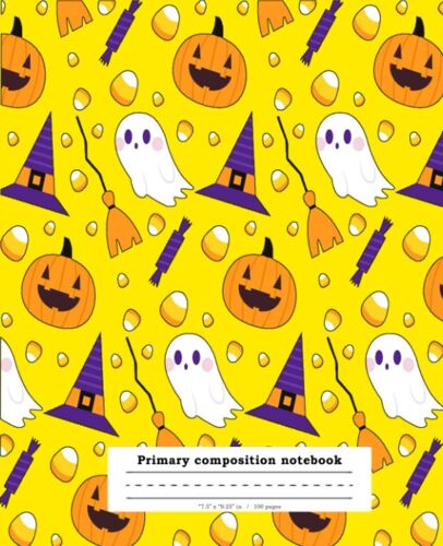 Halloween Primary Story Journal: Yellow Glossy Cover, Witch And Pumpkin - Wide Ruled Lines To Help Children Practice Writing - "7.5 X 9.25 In - 100 Pages - Perfect Halloween Gift For Children's.