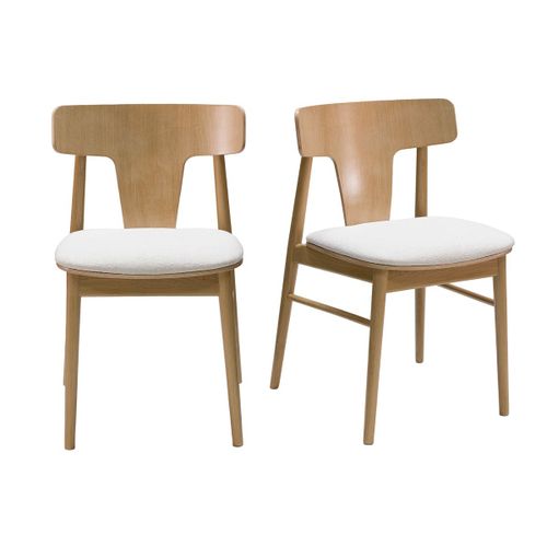 Chaises Scandinaves En Bois Clair Chêne Massif Et Tissu Effet Laine Bouclée Blanc Cassé (Lot De 2) Louisa