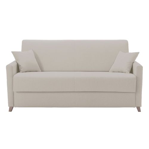Canapé Convertible 3 Places En Tissu Beige Et Bois Clair Avec Matelas 18 Cm Skandy