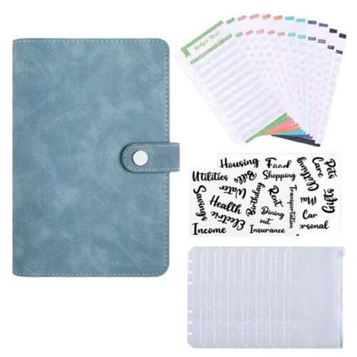 A6 Cash Envelope Binder Wallet Faux Leather Budget Planning Notebook avec 8 poches zippées Coupon Organizer Loose Leaf Cash Binder pour Blue Lake Color