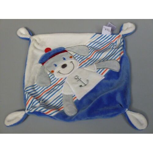 Doudou Tex chien plat carré bleu blanc rayé marin