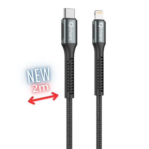 Câble Qcharx Prague Type C vers Lightning 3A 20W (2m) en alliage d'aluminium, câble tressé souple noir