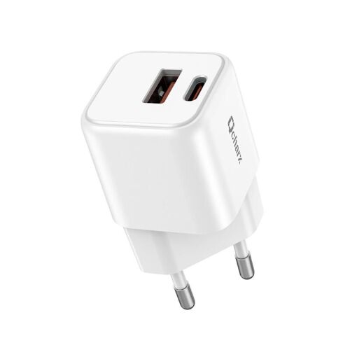 Qcharx Zeus Mini Chargeur 3A 20W 1 Port Type C + 1 Port USB Blanc Adapté aux multiprises