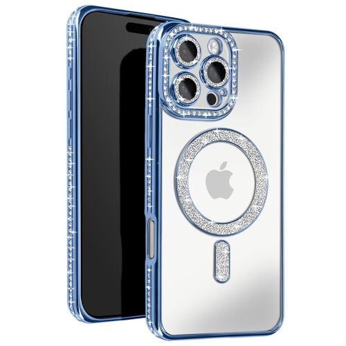 Coque Diamant pour iiPhone 16 Pro Protection MagSafe Contour Strass Bleu clair