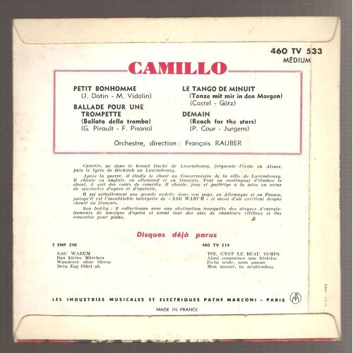 Camillo - Grand Prix Eurovision 1962 :  Petit Bonhomme Ballade Pour Une Trompette / Le Tango De Minuit - Demain- Disque Téléfunken  460 Tv 533