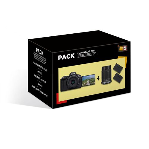 Canon EOS R50 Noir + RF-S 18-45mm f/4.5-6.3 IS STM + RF-S 55-210mm f/5-7.1 IS STM + 2eme batterie + chargeur