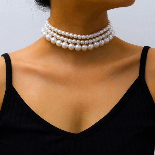Women's Pearl Necklace Bracelets Vintage Round Multilayer Imitation Pearl Choker Necklaces Brides Jewelry (Collier De Perles A)